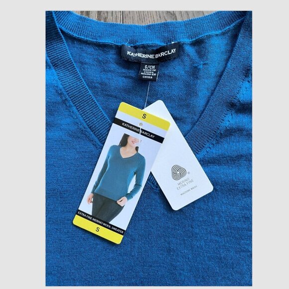 Katherine Barclay Extra Fine Merino Wool V-Neck Sweater Size S Teal Blue NWT - Picture 3 of 8